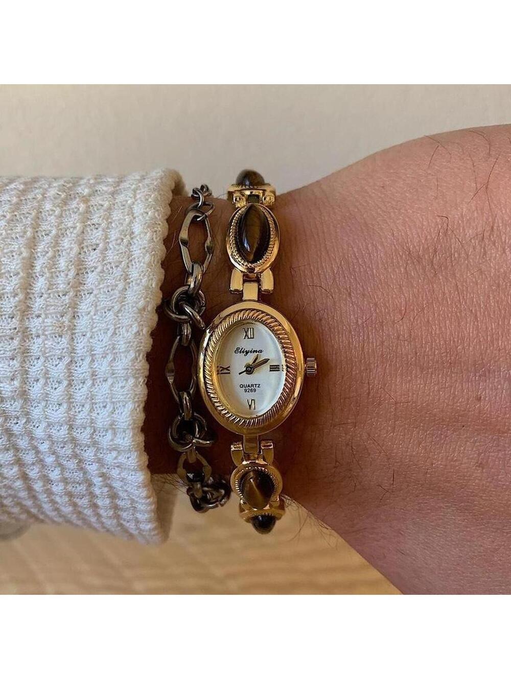 Y2k style Dainty cute Gold style tone quartz watch with brown jade stone opal - Picture 6 of 8